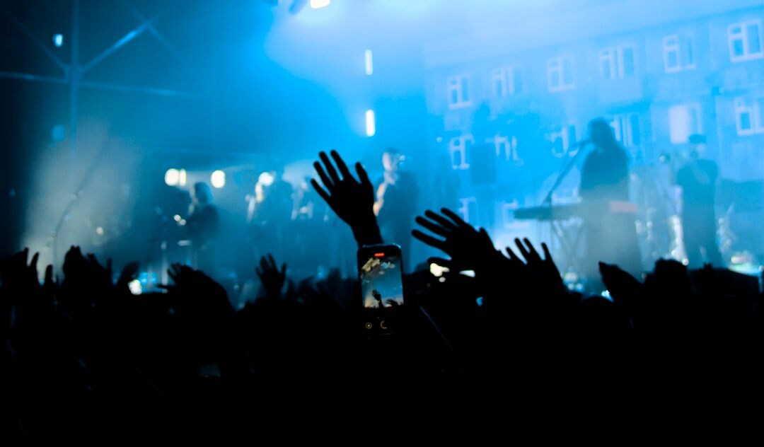 Crowd of concertgoers with raised hands silhouetted against stage lights