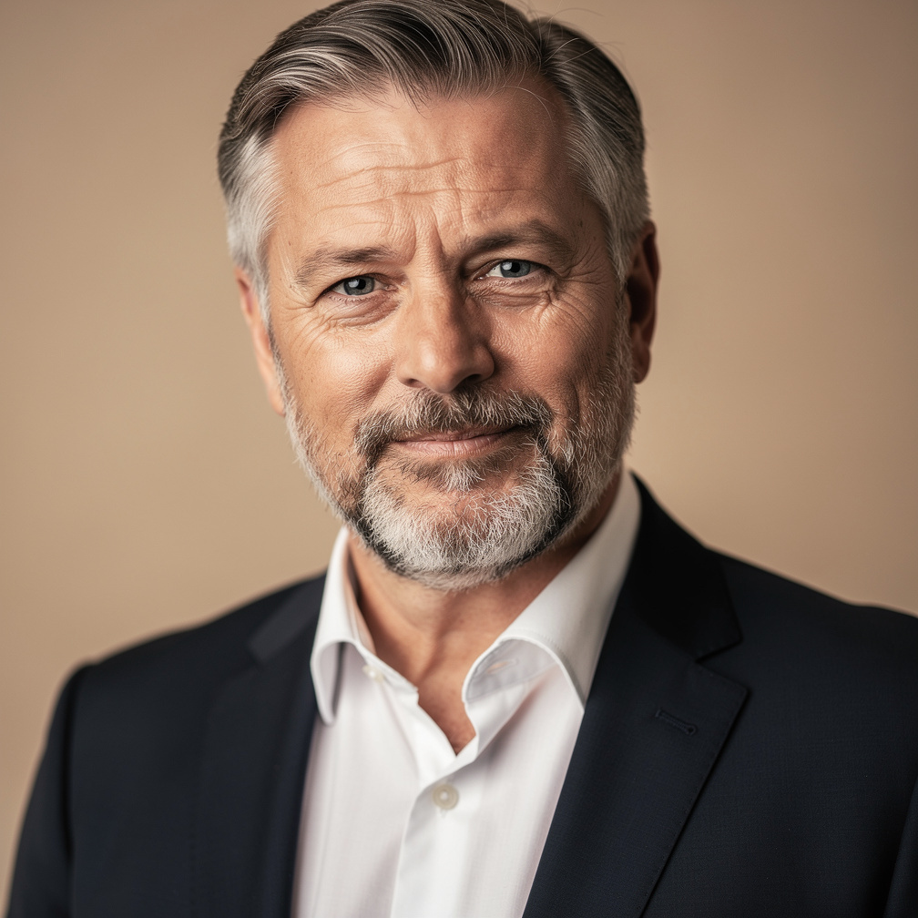 Studio portrait of a middle-aged European man with gray hair and a beard wearing a blazer