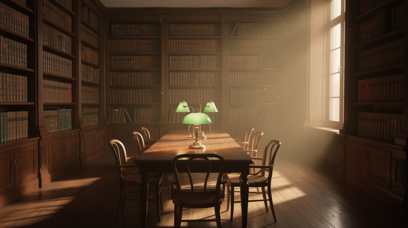 Warm sunlit reading room with rows of bound books on wooden shelves