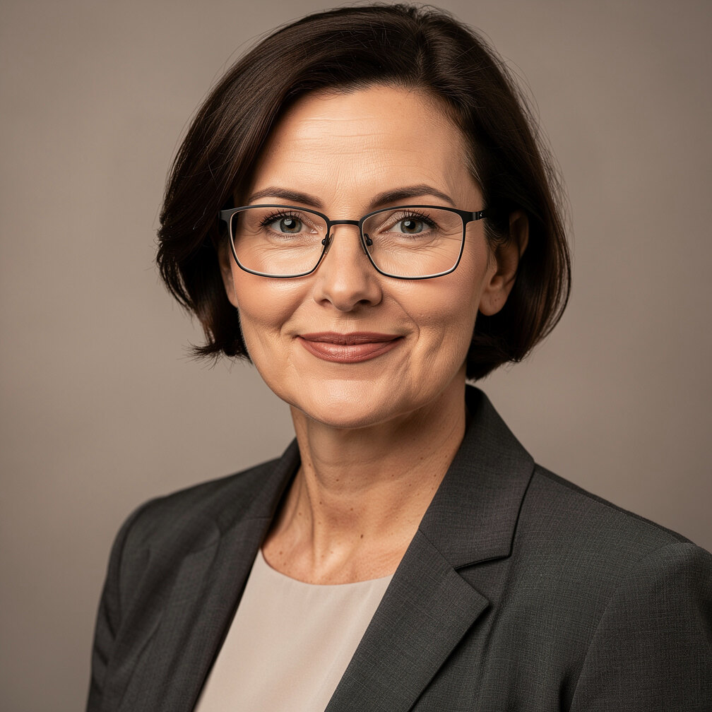Studio portrait of a European woman in her forties with short dark hair and glasses